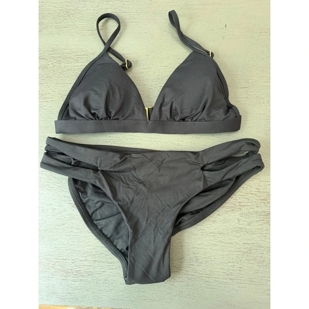 L*Space Black Triangle Bikini Set Gold Hardware Full Cut Bottoms XS NWOT